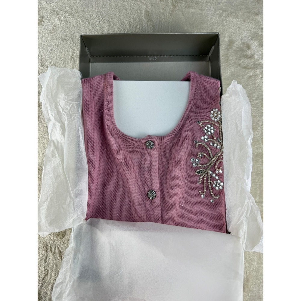 Nordstrom Pink Beaded Floral Cardigan Sweater Metallic Shimmer Rhinestone Large - Picture 3 of 17